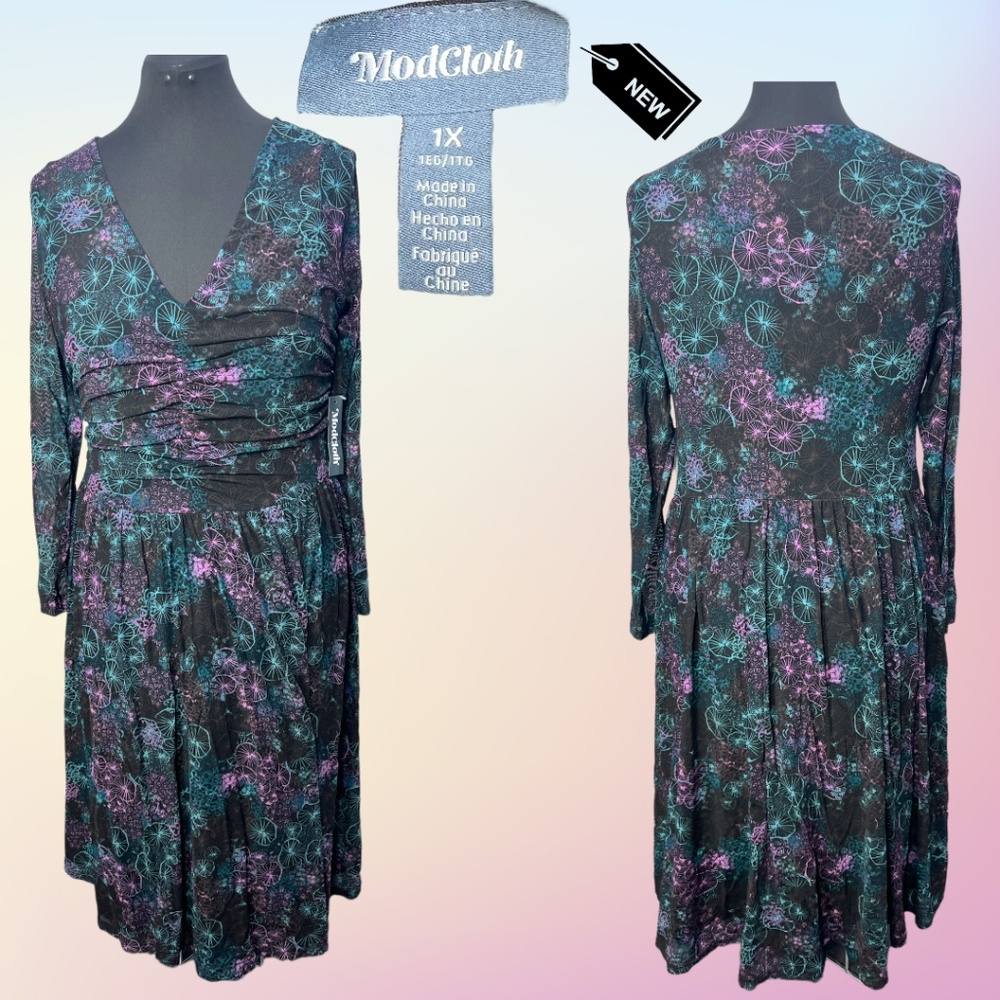 NWT MODCLOTH Pardon My Mesh Long Sleeve Midi Dress in Color Black Reef Size 1X